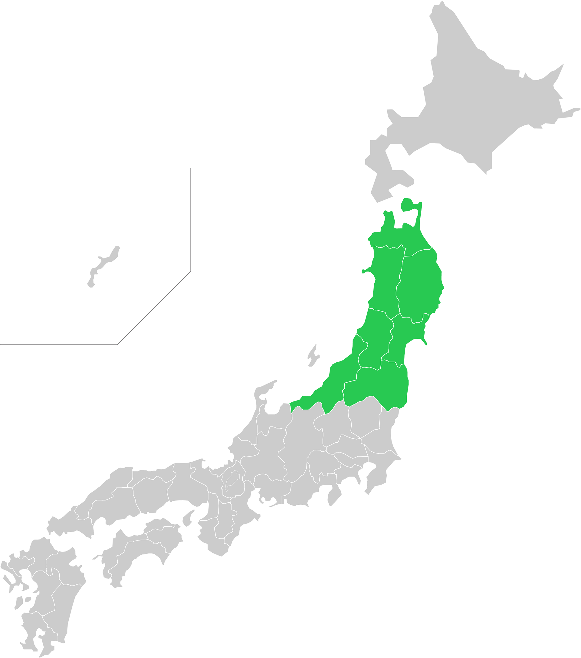 東北と新潟の色が塗られた地図